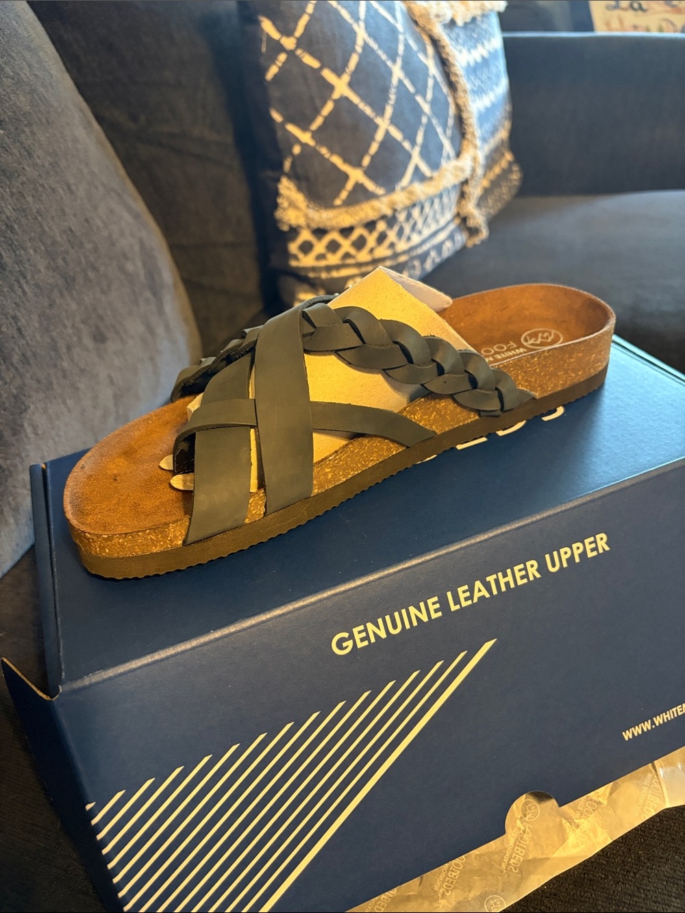 White Mountain Navy Braided Leather Slide Sandals